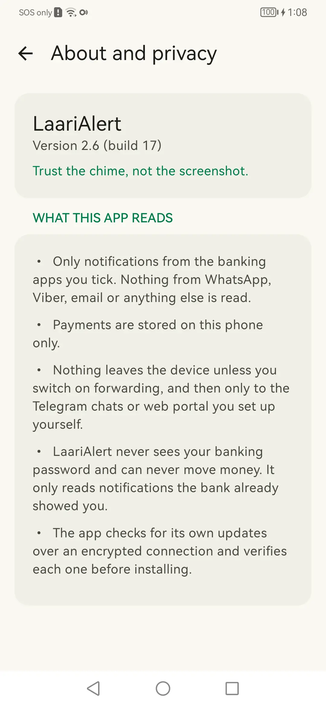 About and privacy: The app's own account of what it reads, available any time in Settings.