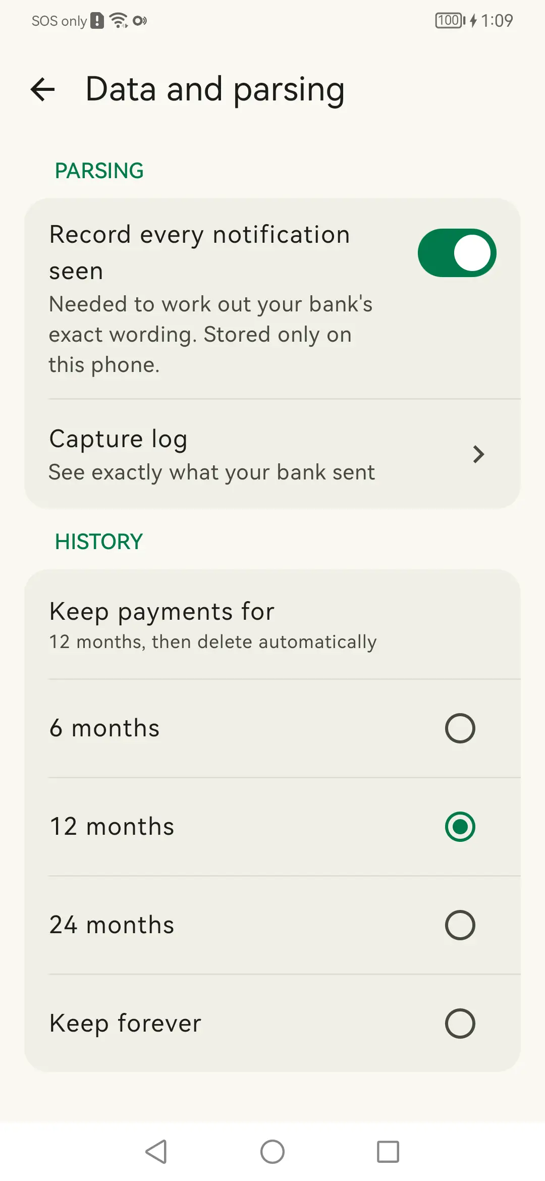 Data and parsing: The capture log, and how long payments are kept.