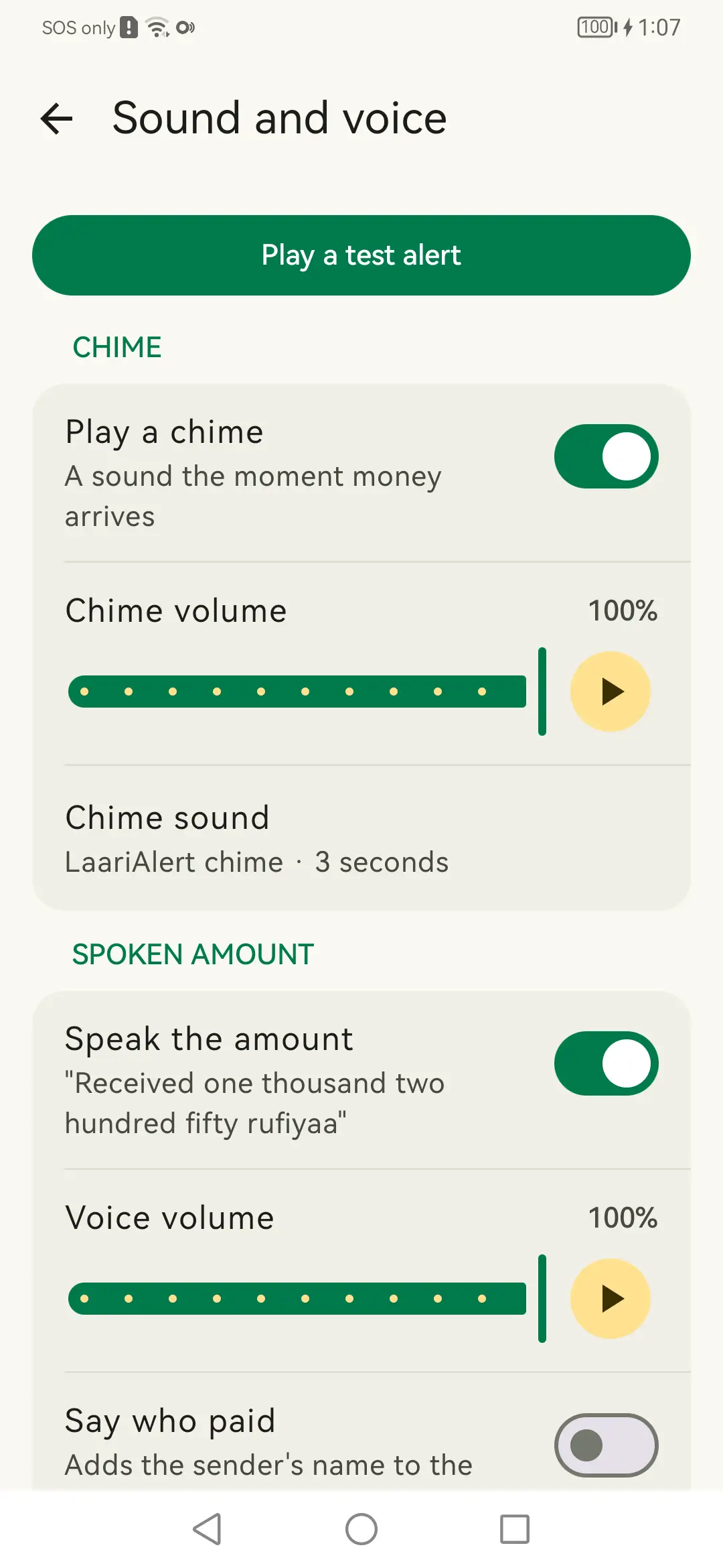 Sound and voice: Separate chime and voice volumes, each with a preview.