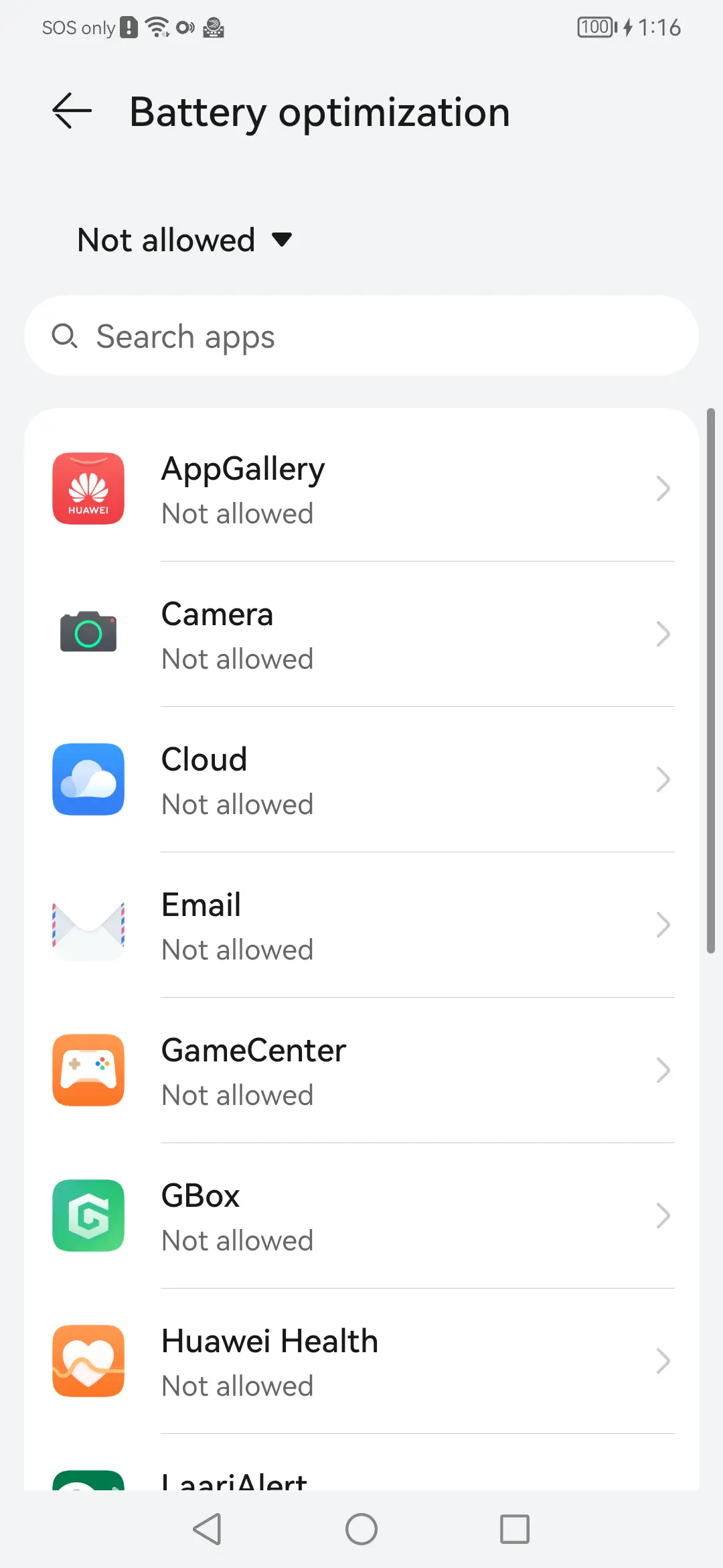 Battery optimisation: Set LaariAlert to Not allowed here, so the phone stops putting it to sleep.