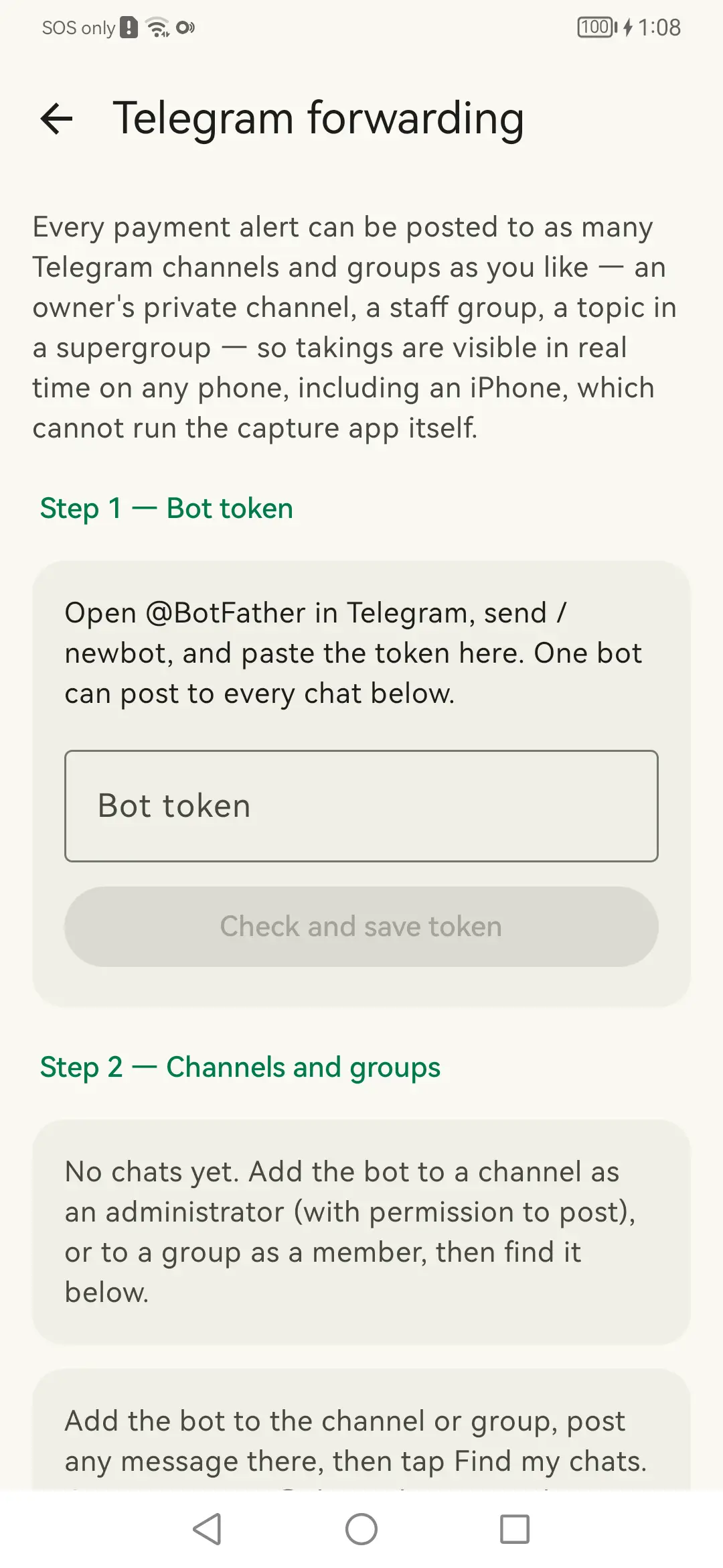 Telegram forwarding: Your own bot, posting into your own chats.